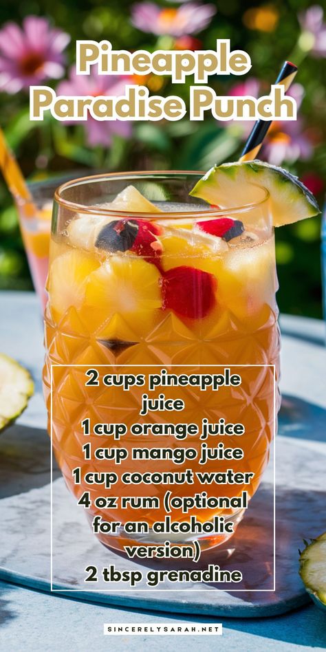 Pineapple Paradise Punch | Sugar&Cinnamon Luau Cocktails, Cocktails With Pineapple Juice, Cocktails With Pineapple, Easy Alcoholic Punch Recipes, Adult Punch Recipes, Fall Cocktails Easy, Pineapple Cocktails, Paradise Punch, Jungle Juice Recipe