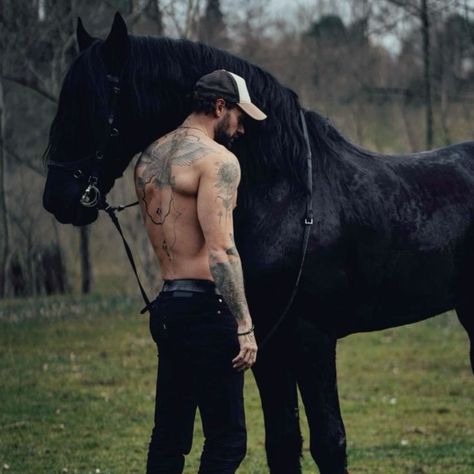 Man And Horse Aesthetic, Tattooed Cowboy Men, Cowboy With Tattoos, Tattooed Cowboy Aesthetic, Tattooed Cowboy, Man With Book, Man Horse, Cowboy Man, Hot Cowboy