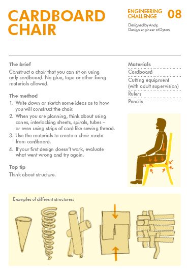 Can you design a cardboard chair that holds your weight? Get creative with this #JDFChallenge from James Dyson Foundation Cardboard Engineering, Engineering Design Challenge, Cardboard Chair, Stem Engineering, Teaching Secondary, Engineering Activities, Engineering Challenge, Cardboard Box Crafts, Cardboard Sculpture