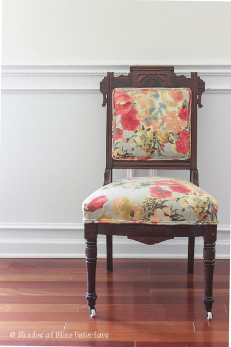 Makeover Monday: Eastlake Chair with Floral Fabric Antique Chairs Makeover, Eastlake Chair, Dining Room Chairs Makeover, Upholstery Fabric Projects, Eastlake Furniture, Oversized Chair Living Room, Blue Interiors, Dining Chair Upholstery, Parlor Chair