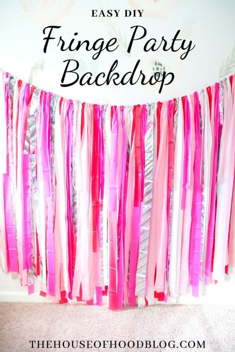 Chelsee from The House of Hood Blog shares her step-by-step tutorial to create a fun fringe party backdrop! This super easy DIY fringe backdrop is perfect for a photo booth or as a festive and colorful touch to your parties! Ours is Valentine's Day themed, but you can use any color you want! #fringegarland #fringebackdrop #diyfringebackdrop #diy #valentinesday #valentines #valentinesparty Diy Fringe Backdrop, Valentine Photo Backdrop, Valentines Photo Booth, Diy Streamers, Diy Fringe, Shaped Pizza, Heart Shaped Pizza, Streamer Backdrop, Diy Photo Backdrop