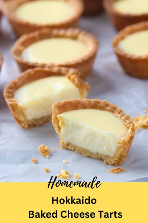 Creamy and sweet cheese filling nestled on a buttery crust, these Hokkaido Baked Cheese Tarts are amazing pastry desserts and it is a a family favorite. #cheesetarts #HokkaidoCheesetarts Cream Cheese Tarts Mini, Cheese Tart Decoration, Japanese Cheese Tart, Hokkaido Baked Cheese Tart, Cream Cheese Tarts, Cheese Tart Recipe, Bite Size Pies, Nyonya Kuih, Bake Cheese Tart