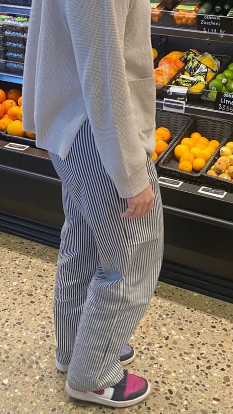 market stripe pants Blue Stripped Pants Outfit Women, Striped Carpenter Pants Outfit, Blue Striped Jeans Outfit, Stripped Pants Women, Blue And White Striped Jeans Outfit, Railroad Stripe Pants Outfit, Blue Stripe Trousers Outfit, Linen Pants Striped, Stripy Trousers Outfit