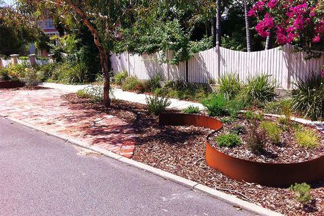 Waterwise verge garden in Perth with rusted metal planter Verge Garden, Australian Native Garden, Australian Plants, Australian Native Plants, Front Landscaping, Rusted Metal, Native Garden, Backyard Inspo, Metal Planters