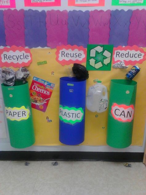 Created these recycling bins for our monthly theme RECYCLE,REUSE,REDUSE. Recycle And Reuse Projects For Kids, Recycling Club At School, Reduce Reuse Recycle Activities Projects, Reduce Reuse Recycle Craft, Recycle Activities For Kids, Recycling Bin Ideas, Recycle Bin Ideas, Recycle Craft Ideas, Reduce Reuse Recycle Projects