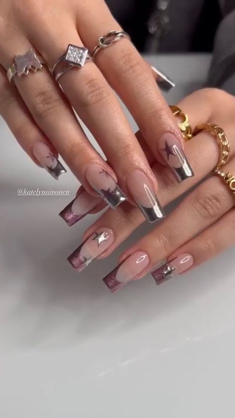 Aventura Concert Nails, Star Design Nail Art, Nails For Concerts, Short Concert Nails, Travis Scott Nails Design Utopia, Drake Inspired Nails, Clear Acrylic Nails Square, Rap Concert Nails Ideas, Drake Concert Nails