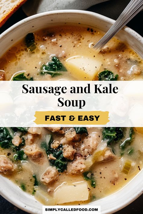 Savor an easy sausage and kale soup recipe, perfect for a fast, healthy dinner. With creamy Italian sausage and white beans, this simple homemade soup is the best Olive Garden-inspired meal. You can prepare sausage and kale soup in a Crock Pot, instant pot, slow cooker, pressure cooker, or stove top. For this sausage and kale soup recipe and more soup recipes, visit simplycalledfood.com. Kale Soup Crockpot, Sausage Kale Recipes, Sausage And Kale Soup Instant Pot, Healthy Kale Sausage Soup, Italian Sausage Kale Soup, Italian Sausage And Kale Soup, Sausage And White Beans, Soup In A Crock Pot, Smokey Sausage Potato & Kale Soup