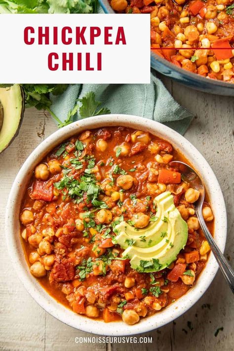 Chickpea Chili Recipes, Chili With Chickpeas, Chick Pea Chili, Chickpea Chili Vegan, Spicy Chickpea Soup Recipes, Crispy Chili Lime Chickpea Salad, The Cheeky Chickpea, Vegan Chili Recipe, Chickpea Chili