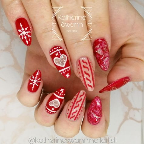 Red marble, 3d sweater effect, snowflakes, Christmas jumper design, almond nails, medium length almond nails, gel nails, gel enhancements Christmas Jumper Nails, Almond Nails Medium Length, Christmas Gel Manicure, Medium Length Almond Nails, Almond Nails Medium, Almond Nails Gel, Nails Medium Length Almond, Jumper Design, Nails Medium Length