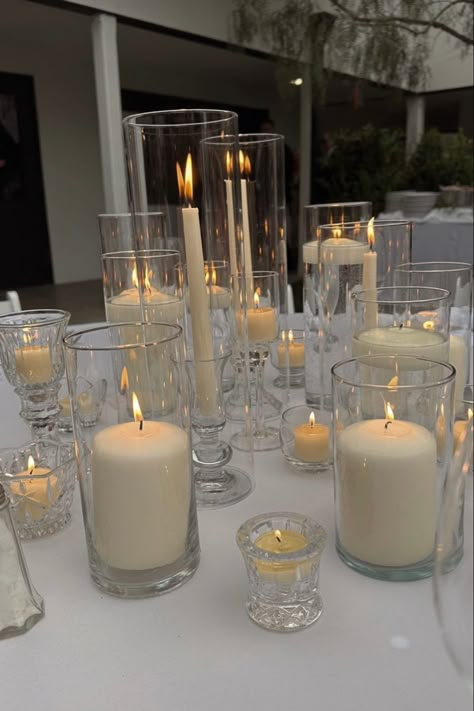 Rehearsal Dinner Centerpieces Candles, Assorted Candles Wedding, Pearl Table Setting, Modern Ceremony Decor, Candles For Wedding Tables, White And Silver Wedding Decorations, Candle Reception Decor, Engagement Lunch, Pearl Wedding Decor