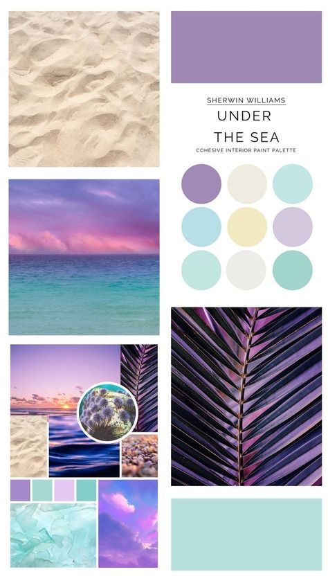 Mermaid Bathroom Paint Colors, Purple Beach Bedroom, Sea Glass Palette, Purple Beach Decor, Mermaid Color Pallete, Mermaid Paint Colors, Sea Shell Color Palette, Mermaid Wedding Color Scheme, Bright Beachy Color Palette