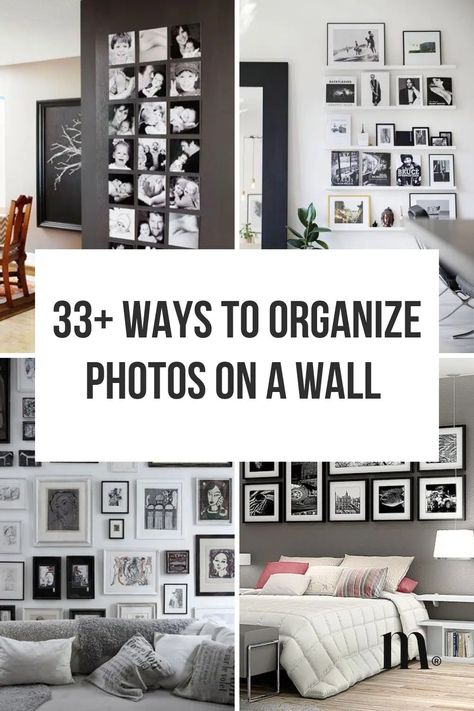 25+ Creative Ways To Organize Photos On A Wall | Momooze.com Photo Patterns On Wall, How To Display A Lot Of Photos, Organizing Pictures On Wall, Shelf Gallery Wall Display, Vertical Photo Wall, Chic Photo Wall, Ideas To Hang Pictures On The Wall, Photo Placement On Wall, Timeline Photo Wall