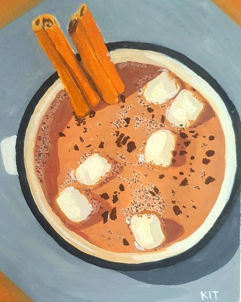 Gouache Reference Photo, Hot Chocolate Painting, Hot Chocolate Watercolor, Himi Gouache Art, Hot Chocolate Illustration, Chocolate Painting, Fall Nostalgia, Gouache Inspiration, Hot Chocolate Art