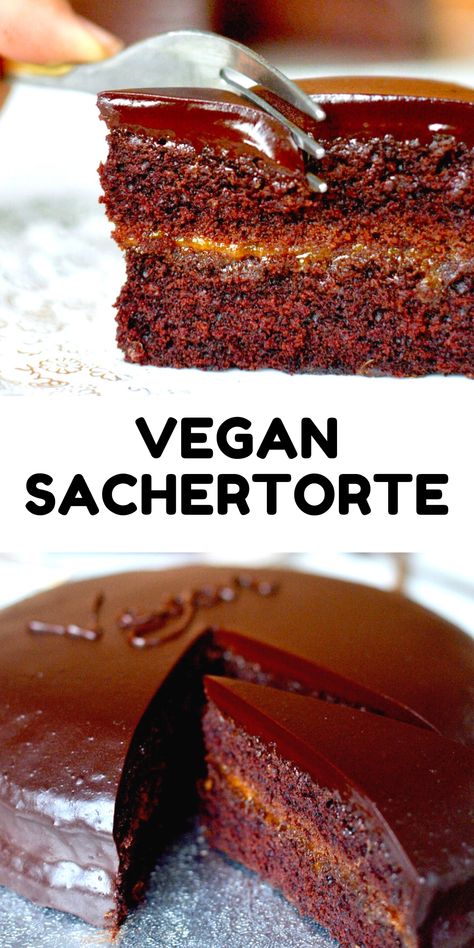 This classic Viennese cake has been Austria’s favourite for a century and a half, and not surprisingly so. Our vegan Sachertorte brings this cake into the 21st century. Who would say no to a rich chocolate cake filled with apricot jam and topped with dark chocolate icing?   #vegancake #chocolaterecipes #veganbaking Dark Chocolate Icing, Vegan Baking Recipes, Recipes Paleo, Vegan Cake Recipes, Easy Chocolate Cake, Desserts Vegan, Rich Chocolate Cake, Chocolate Icing, Apricot Jam