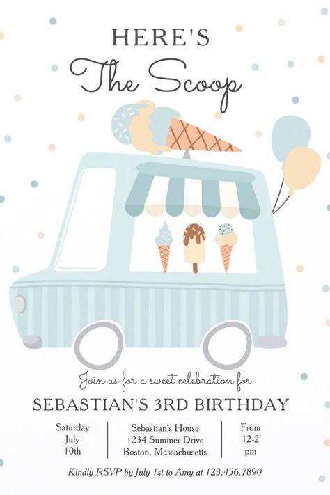 Here's The Scoop Ice Cream Truck Birthday Party Invitations for Boys Ice Cream Truck Birthday Party, Two Sweet 2nd Birthday, Ice Cream Truck Birthday, Ice Cream Birthday Party Invitations, Blue Ice Cream, Truck Birthday Party, Ice Cream Birthday Party, Truck Birthday, 1st Birthday Party Invitations