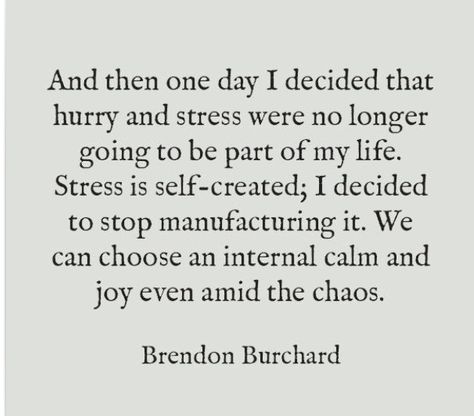 "And then one day I decided that hurry and stress were no longer going to be part of my life. Stress is self-created; I decided to stop manufacturing it. We can choose an internal calm and joy even amid the chaos." Calm Quotes, Choose Joy, A Quote, Note To Self, Pretty Words, Woman Quotes, Great Quotes, Inspirational Words, Cool Words