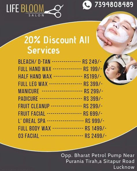 Life Bloom Salon Offers Special 20% Discount all beauty services | Beauty salon posters, Beauty salon price list, Beauty services Beauty Parlour Offer Poster, Beauty Salon Price List, Beauty Care Logo, Mens Hair Salon, Salon Offers, Beauty Salon Posters, Salon Price List, Skin Care Salon, Wedding Photography Pricing