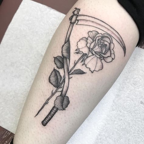 Rose and Scythe Tattoo | Tattoo Ideas and Inspiration Rose Scythe, Scythe Tattoo, Tatuaje Cover Up, Virgo Tattoo Designs, Side Thigh Tattoos, Tooth Tattoo, Nerdy Tattoos, Remembrance Tattoos, Chest Piece Tattoos