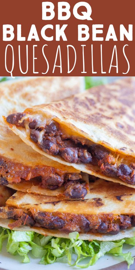 These BBQ Black Bean Quesadillas take about 30 minutes to prepare and they're healthy and filling. The black beans are cooked in an easy homemade bbq sauce and combined with melted cheese inside of a crispy tortilla. These vegetarian quesadillas are great for lunch or dinner. Enjoy with guacamole, sour cream or salsa! #quesadillas #vegetarianrecipe #easydinner #kidfriendlymeal Easy Homemade Bbq Sauce, Bean Quesadilla, Vegetarian Quesadillas, Bbq Sauce Homemade Easy, Vegetarian Quesadilla, Lunch Meals, Homemade Bbq Sauce, Sandwich Spread, Bbq Sauce Homemade