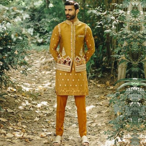 Is Mustard The New Hit Colour For Grooms? Kurta Designs For Men, Mohsin Naveed Ranjha, Men Sherwani, Wedding Kurta For Men, Wedding Dresses Men Indian, Mens Sherwani, Gents Kurta, Mens Kurta Designs, Raw Silk Fabric