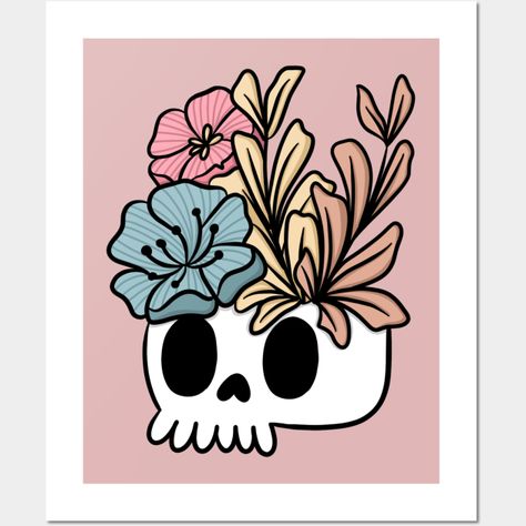 Skull and Flowers -- Choose from our vast selection of art prints and posters to match with your desired size to make the perfect print or poster. Pick your favorite: Movies, TV Shows, Art, and so much more! Available in mini, small, medium, large, and extra-large depending on the design. For men, women, and children. Perfect for decoration. Cute Skull Art, Spooky Cute Art, Skull Plant Drawing, Skull Flowers Painting, Cute Skull Illustration, Multi Furniture, Flowers With Faces, Posca Skull Art, Cute Spooky Art