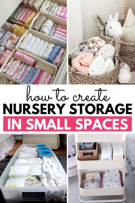 Are you working with a small space for baby's nursery? These nursery storage ideas for small spaces will help you find a place for all of baby's items. This list covers nursery storage tips that are simple and space saving, including nursery dresser organization using dividers, nursery baskets, hidden storage ideas, baby closet storage, nursery storage and organization using rolling carts, shelves, wire baskets and more. #nursery Organize Baby Stuff, Organization Nursery, Small Space Baby, Shoes Organization, Nursery Dresser Organization, Baby Room Storage, Small Space Nursery, Baby Nursery Storage, Baby Closet Organization