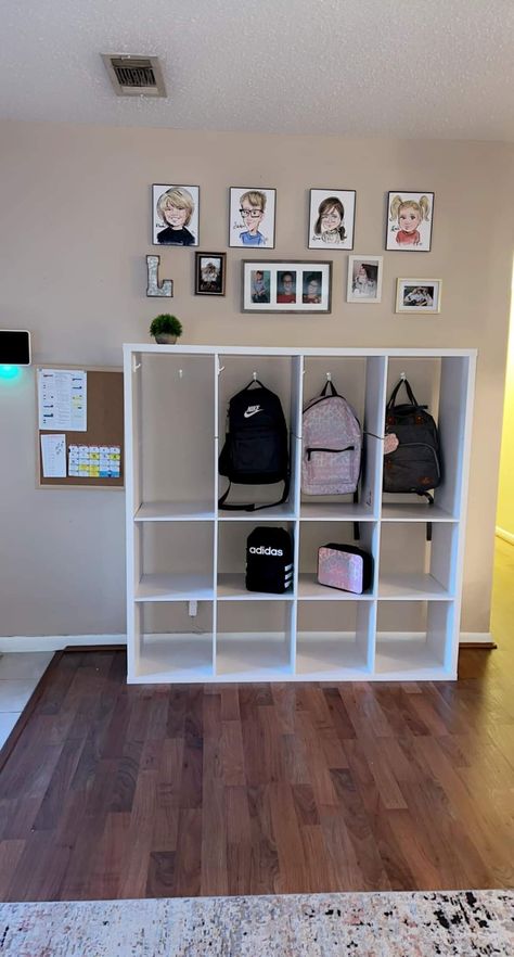 Cube Storage Entryway Ideas, Backpack Station At Home, Small Entry Closet Ideas, Small Entry Closet, Entry Closet Ideas, Family Command Center Wall, Backpack Station, Entry Way Lockers, School Bag Storage