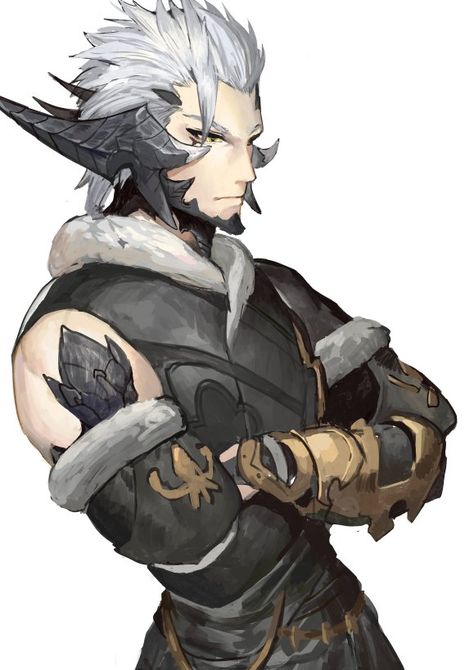 White Hair Yellow Eyes, Humanoid Dragon, Dragon Half, Half Dragon, Warrior Of Light, Au Ra, Black Horns, Hair Yellow, Detached Sleeves