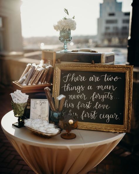 “There are two things a man never forgets...his first love and his first cigar.” We designed this adorable cigar bar for Lauren and Tyler’s big day. The concept of cigar lounges began in European high society, where gentlemen would retire to smoke cigars and engage in conversation after dinner. For this wedding, we wanted a spot outdoors for guests to gather, celebrate and then refresh with a mint and get back to the dancefloor. ⠀⠀⠀⠀⠀⠀⠀⠀⠀ Photography: @andrewhaydenphoto Event Design& Decor: @... Brick Wedding Venue, Wedding Cigars, Lounge Party, Bridal Shower Flowers, Villa Wedding, Wedding Place Settings, Cute Wedding Ideas, Wedding Mood Board, Wedding Goals