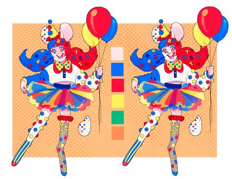 Clown Poses Drawing, Lovecore Character Design, Plushie Pose Reference, Clown Drawing Reference, Clown Outfit Drawing, Clown Fursona, Clown Astethic, Candy Character Design, Clown Poses