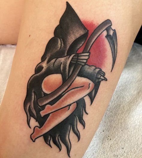 American Traditional Medical Tattoo, Bat Pinup Tattoo, Traditional Halloween Pinup Tattoo, Grim Reaper Tattoo Women, Elvira Pinup Tattoo, Red And Black Traditional Tattoo, Witch Pinup Tattoo, American Traditional Pinup Tattoo, Goth Pinup Tattoo