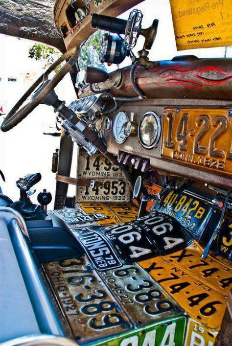 plates use as floor pans cool Rat Rod Interior, Chevy Luv, Cool Truck Accessories, American Pickup Trucks, Men Cave, Rod Building, Vintage License Plates, Mechanic Garage, Personalized License Plates