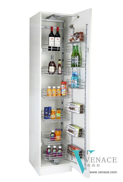 Aluminium Pantry Cupboard Ideas, Countertop Larder Cupboard, Larder Pull Out Storage, Pull Out Larder Cupboard, Kitchen Crocery Almirah, Kitchen Cabinet Accessories, Larder Unit, Pantry Cupboard, Kitchen Baskets