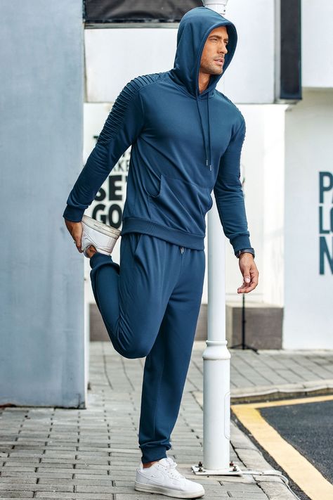 Men's 2 Piece Tracksuit Set, Kangaroo Pocket, Pleated Long Sleeve, Solid Color, Hooded, Slim Fit. Stretchy hem and elastic ribbed cuffs provide you with the best range of motion possible when working out. #men #hoodie #sweatsuit Tracksuit Outfit, Sweatsuit Set, Track Suit Men, Tracksuit Set, Casual Sets, Range Of Motion, Winter Outfit, Kangaroo Pocket, 2 Piece