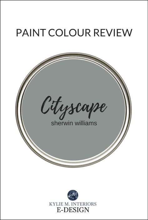 If you're looking for a darker gray or charcoal paint colour, I've got a beauty! Sherwin Williams Cityscape is a grey with a bit more body and undertone than the average and a few other interesting tips you should know!  #kylieminteriors #bestpaintcolours #kyliemedesign #edesign #cityscape #sherwinwilliams #colourconsultant #colourexpert #grey #gray #charcoal #featurewall #kitchenisland #bathroomvanity #paintedcabinets Sherwin Williams Cityscape, Popular Grey Paint Colors, Perfect Grey Paint Color, Kylie M Interiors, Perfect Grey Paint, Light Grey Paint Colors, Top Paint Colors, Spec House, Blue Gray Paint Colors