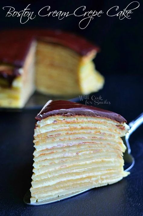 Boston Cream Crepe Cake - Will Cook For Smiles Gbbo Recipes, Kuih Lapis, Will Cook For Smiles, Boston Cream Pie, Fun Cakes, Torte Cupcake, Crepe Cake, Boston Cream, Angel Cake