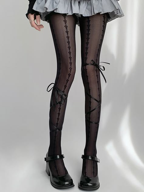 This price is for a pair of tights only, others are not included. Socks Details:Self-tie Straps / Semi-sheer Size Free Size Full Length 92 Torn Stockings Outfit, Black Bow Tights, Weird Tights, Black Sheer Tights Outfit, Emo Tights, Grunge Tights, Aesthetic Tights, Black Lace Tights, Cute All Black Outfits