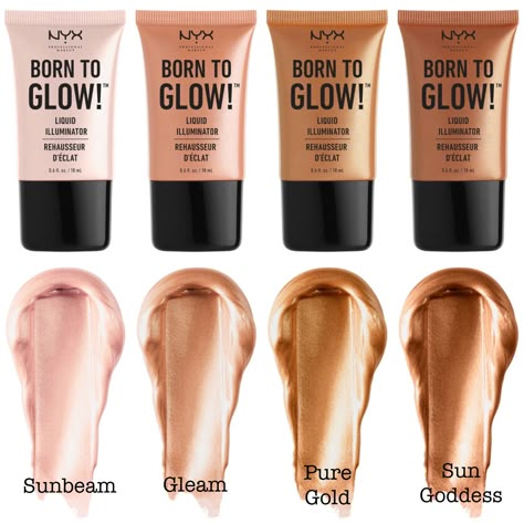 NYX - Born To Glow Liquid Highlighter Nyx Liquid Highlighter, Nyx Born To Glow Liquid Illuminator, Liquid Contour Products, Highlither Makeup Products, Liquid Highlighter Drugstore, Best Liquid Highlighter, Glowy Highlighters, Nyx Highlighter, Born To Glow