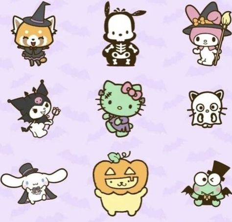 Halloween Pfps Sanrio, My Melody And Kuromi Matching Pfp Halloween, Halloween Sanrio Drawings, Halloween Hello Kitty And Friends, Sanrio Halloween Tattoo, Fall Hello Kitty Pfp, Kerropi Halloween, Halloween Sanrio Nails, Sanrio Halloween Nails