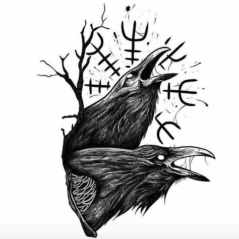 In Norse mythology, Hugin and Munin are the two crows of the god Odin, who travel the world daily, gathering the latest news to report to Odin. Hugin is thought, Munin is memory. They fly away at dawn to hear the news and return at dusk. They sat on Odin's shoulders and whispered everything in his ear. Viking Drawings, Rabe Tattoo, Norse Mythology Tattoo, Pagan Tattoo, Viking Tattoo Symbol, Vikings Tattoo, Black Crows, Arte Nerd, Rune Tattoo