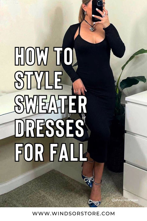 Discover the best ways to wear fall sweater dresses with our latest blog article! From midi lengths to long sleeve favorites, learn how to dress up and down ribbed knit and cable knit designs for any occasion. This style guide is packed with tips to help you transform these cozy pieces into polished looks that work for everything from coffee dates to evening plans. Click below for the full list of sweater dress styles and how-to guide. Ribbed Sweater Dress Outfit, Fall Sweater Dresses, Style A Sweater Dress, Black Sweater Dress Outfit, Black Midi Sweater Dress, Trendy Denim Jacket, Fall Sweater Dress, Sweater Outfits Fall, Dress For Fall