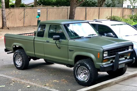 Resto/Mod 4x4 Ranger, 2” body lift, 31x10.5R15, Custom Olive Drab Green and Black. 1986 Ford Ranger, Old Ford Ranger, Ford Ranger Custom, Ford Ranger 4x4, Ford Ranger Lifted, Ford F150 Custom, Ranger Ford, Ranger 4x4, Peugeot 504