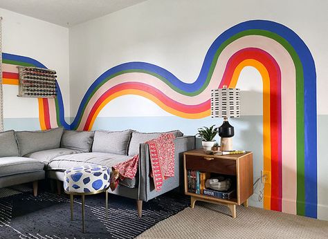 Media Room Refresh: Change the Room with Paint and Decor | Banyan Bridges Banyan Bridges Mural, 70s Wall Paint, Bedroom Wall Mural Diy, 70s Mural, Retro Wall Paint, Wall Murals Living Room, Banyan Bridges, 70s Wall Mural, Diy Wall Mural