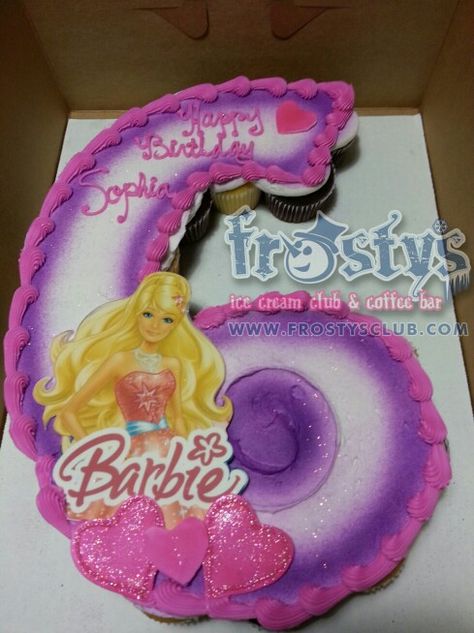 Barbie cupcake number cake Barbie Cake Cupcakes, Pull Apart Barbie Cupcake Cake, Barbie Cupcake Cake Ideas, Barbie Pull Apart Cupcakes, Barbie Number Cake, Cupcake Number Cake, Barbie Cupcakes Ideas, Barbie Cupcakes, Cake Number