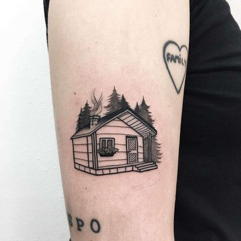 Cabin in the woods tattooed on the right arm by @vlada.2wnt2 Tattoo Preparation, Cabin Tattoo, Wood Tattoo, Tiny Bird Tattoos, Becoming A Tattoo Artist, Gangsta Tattoos, Tattoo Life, Cabin In The Woods, Half Sleeve Tattoo