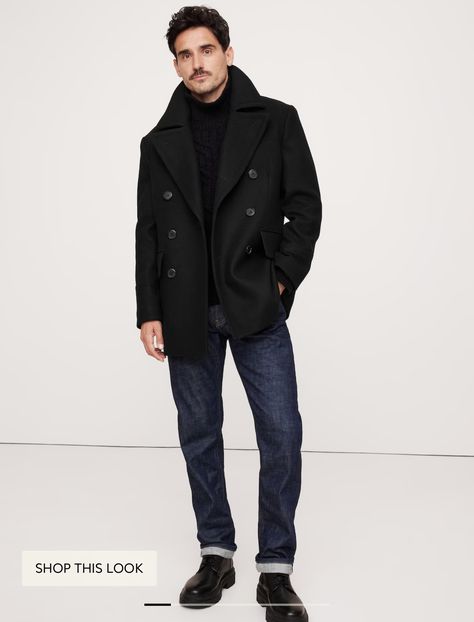 Black Peacoat Outfit Men, Mens Peacoat Outfit, Black Sweater Outfits, Peacoat Outfit Men, Chaps Fashion, Mens Clothing Styles Formal, Mens Peacoat, Peacoat Outfit, Mens Banana Republic