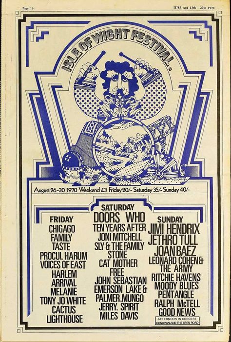 Isle of Wight Festival 1970! Sly Stone, Isle Of Wight Festival, Rock Poster Art, Vintage Concert Posters, Music Concert Posters, Vintage Music Posters, Joan Baez, Jethro Tull, Old Advertisements