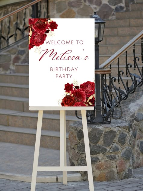 Editable red and gold birthday welcome sign, perfect for your next birthday party or birthday dinner. This floral welcome poster can be edited yourself using Canva. Print at home or take completed file to your local print shop and have them print. Print size is 18x24.  All the wording is editable. Details: red and gold birthday party welcome sign, floral design. Wording can be changed to accommodate all the great milestone birthdays such as 18th birthday 21st birthday, 30th birthday, 40th birthday, 50th birthday, 60th birthday and so on! HOW IT WORKS: ♥ Once purchased, you will receive a link that will take you to Canva.com where you will be able to edit the template. You will be able to edit wording, font, and font size,  Save your template and download. You can use these downloads to pri Red Rose Birthday Party Decorations, Red 21st Birthday Party Ideas, Red Rose Birthday Theme, Red White And Gold Party Decorations, Red And Gold Birthday Party Decoration, Red Birthday Party Decorations For Women, Red And White Birthday Party Decorations, Burgundy Birthday Party Ideas, Red And Gold Birthday Party