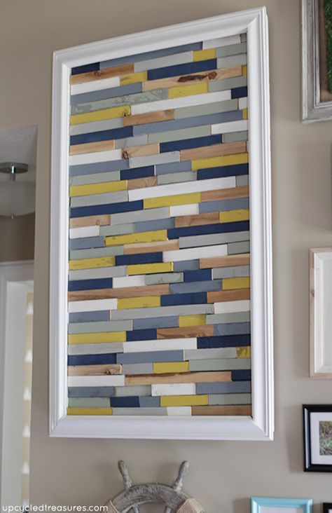 Love this idea! Paint wood shims different colors and then glue them down to create an interesting piece of wood shim artwork! upcycledtreasures.com Wood Art Diy, Wood Wall Art Diy, Diy Wand, Cottage Market, Diy Artwork, Diy Holz, Diy Art Projects, Woodworking Projects Plans, Woodworking Designs