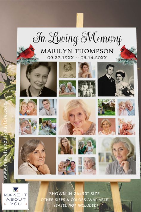 Create a photo memory foam board display of your lost loved one utilizing this easy-to-upload photo collage template with 21 square pictures for at a funeral memorial service, visitation or Celebration of Life event. The design features watercolor red cardinal birds on an evergreen pine tree branch. All text, font styles and colors can be changed. The sample shows elegant calligraphy typography for the editable title IN LOVING MEMORY you can change to FOREVER IN OUR HEARTS or your custom title. Memory Boards For Funerals Ideas, Celebration Of Life Memorial Ideas Diy Photo Displays, Diy Photo Displays, Memorial Board, Pine Tree Branch, Square Pictures, Memory Boards, Memorial Table, Picture Arrangements